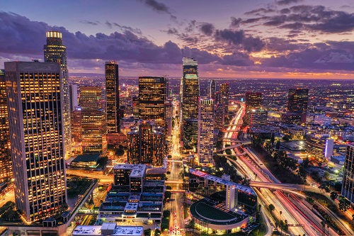 Aerial shot of downtown Los Angeles at night